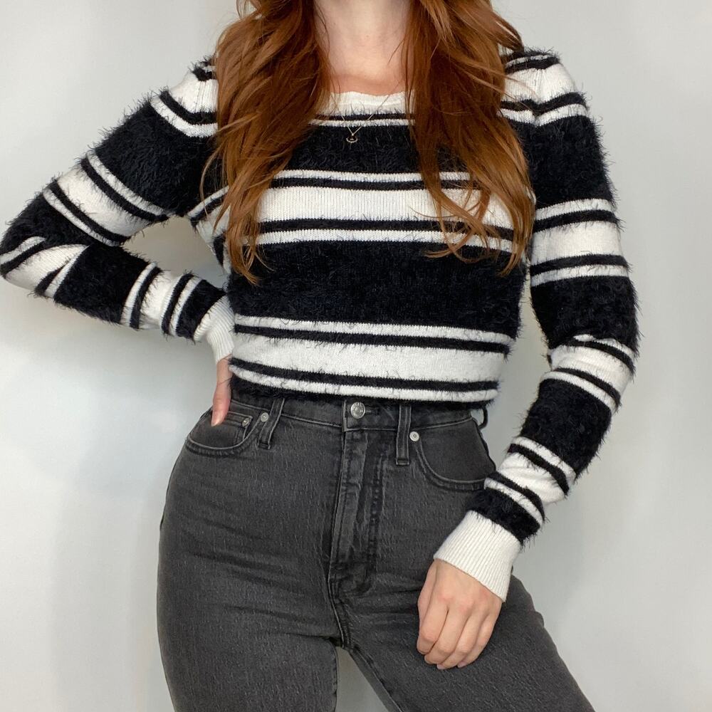 Loft Medium Black & White Fuzzy Eyelash Detailing Stripe Crewneck Sweater